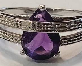 61 - Sterling Pear Cut Amethyst size 7 Ring
