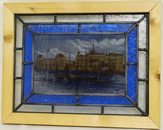 1029 - English Stained Glass Window 13x16.5 wood frame
