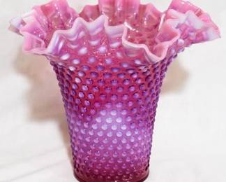165 - Large Fenton Opalescent Cranberry Vase Hobnail 8.5 x 9
