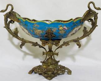 743 - Swan Adorned Porcelain & Brass Centerpiece 13x17x7
