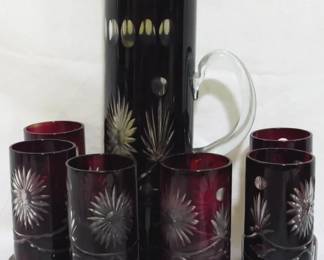 1000 - Bohemian Ruby Glass Pitcher & 6 Glasses Red cut to clear Pitcher 12", tumblers 5.5"
