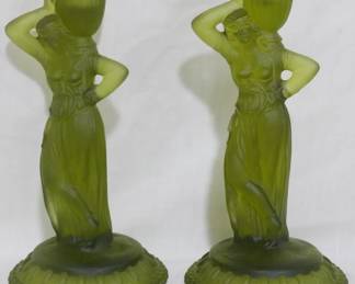 3212 - Pair Fostoria Olive Rebecca 10" Candleholders
