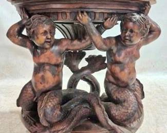 73 - Bronze & Marble Cherub Mermaid Table demilune 32 x 39 x 18

