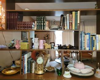 BOOKS: Leather bound, author signed, and Judaic.  Lazy Susan, anniversary clock and decor