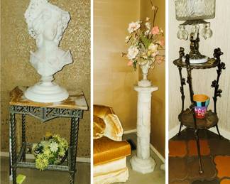 Small tables / plant pedestals and decor. Marble bust