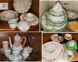 China Sets: Cups and saucers and tea set.  Dinner Sets Meito Green and Mikasa Valentine