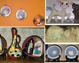 Decor: Wedgwood Jasperware, mosaic pieces, stone turtles and Kellogg plates