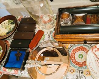 Oriental plate set, desk set, Cross Pens and silver plate