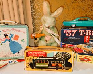 Vintage Toys: '57 T-bird - Mary Poppins Lunchbox with Thermos, Rabbit Bartender - Lesney Matchbox Cars - Metal Navy Plane