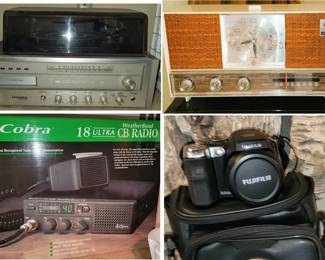All in one stereo system, Cobra CB Weather radio, retro AM clock radio, cameras 