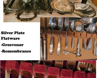 Silver Plate Tea Service and serving pieces.  Flatware sets Grosvenor and Remembrance