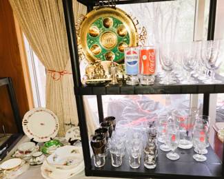 Drinking glass sets: Coors, Coke and Pepsi.  Judaica pieces