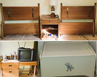 Campaign Style Twin Bed set with one night stand and student desk.  Large white toy box