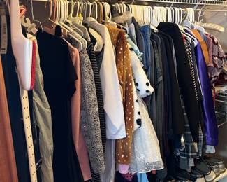 Boots, shoes, some kids costumes, dress up clothes