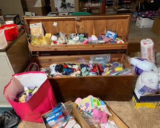 Ribbons, LOTS of craft and sewing items,
Vintage cedar chest