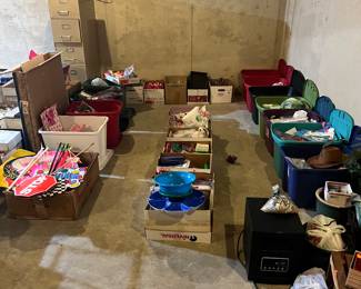 Bins of craft, party supplies