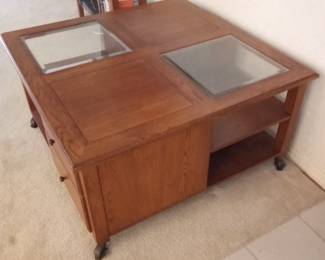 THOMASVILLE OAK, coffee table on castors. 43" x 43" x 22" H. FOR SALE NOW. CALL CHRIS AT 386-405-1867