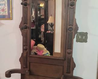 Very nice ornate hall tree w/ marble seat