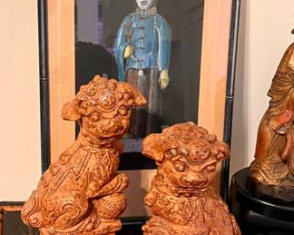 MCM pastel on paper and old terra cotta foo dogs 