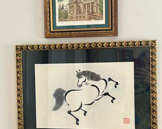 All Spruced Up ! /"Wakyosai" Equine Wood Block Print /Bucking Stallion 14" x 20" Framed/ Circa 1940-50