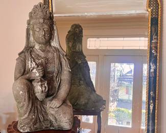 1940s cement Tibetan statue and an amazing 1930s chinoiserie mirror