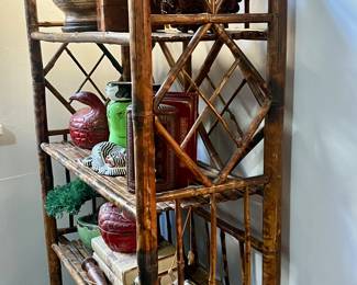 Mid 19th C tortoise shell bamboo small etagere with a rare triple design motif on each level