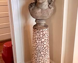 Vintage poly form bust and a sliced tree limb pedestal 