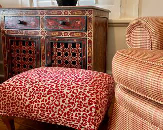 Custom antique footstool with Scalamandre velvet leopard in cranberry red.