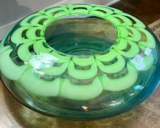 Large Waterford Evolution blown glass bowl in greens and blues.