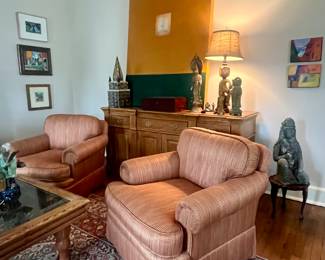 Bench made club chairs in mint condition in a gorgeous silk blend.