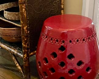 Very heavy glazed terra cotta garden stool in oxblood