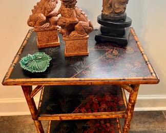 19th Century English Three Tier Bamboo Accent Table with original painting in MINT condition 