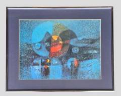 Le Ba Dang 1950's Mid Century Modern MCM "Village Abstract Lithograph Print Framed
