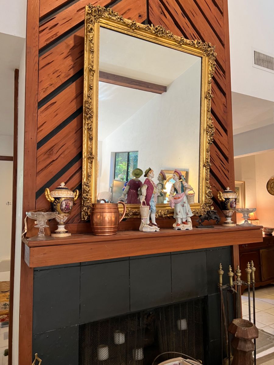 Large gilded mirror, antique copper, porcelain and glass collectibles 
