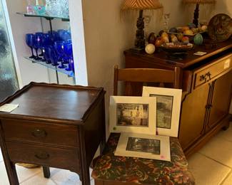 Chair, prints, telephone/ bedside table