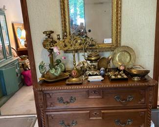 Walnut 3 drawer antique chest, brass collectibles