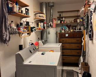 Maytag washer and dryer, chest of drawers full of crafting items
