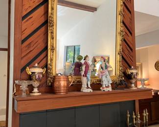 Large gilded mirror, antique copper, porcelain and glass collectibles