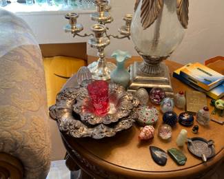 Pair of side tables, paperweights, silver, etc