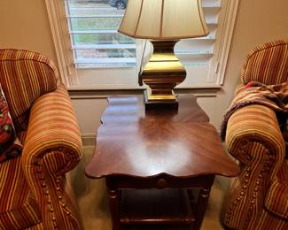 Brass lamp and solid wood occasional table 