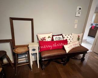 Bench, stools, frames, Christmas pillows