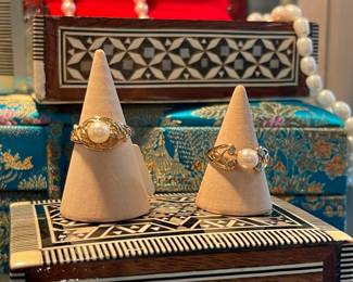 14k Pearl Rings and several pearl necklaces available.  Wood inlay boxes also still available.