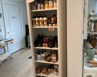 Bookcase available for sale. Some of our popular goat milk products are also still available.