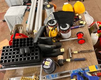 48" Level, 100' Measure Tape, Loppers, Titanium String Trimmer Line, Mallet, Soil Probe, Chemical Resistant Boots -size 10, Utility Light, Hard Hats, Seed Starting Kits, 50' Electric Power Cord