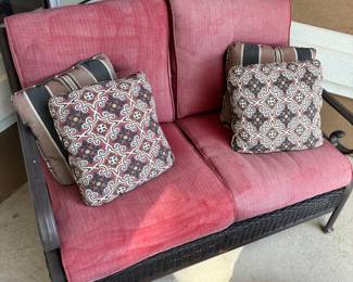 Martha Living 6 pc patio set ( 2 swivel chairs, loveseat, table/storage, 2 planters with asparagus fern). 
