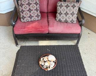Martha Living 6 pc patio set ( 2 swivel chairs, loveseat, table/storage, 2 planters with asparagus fern). 