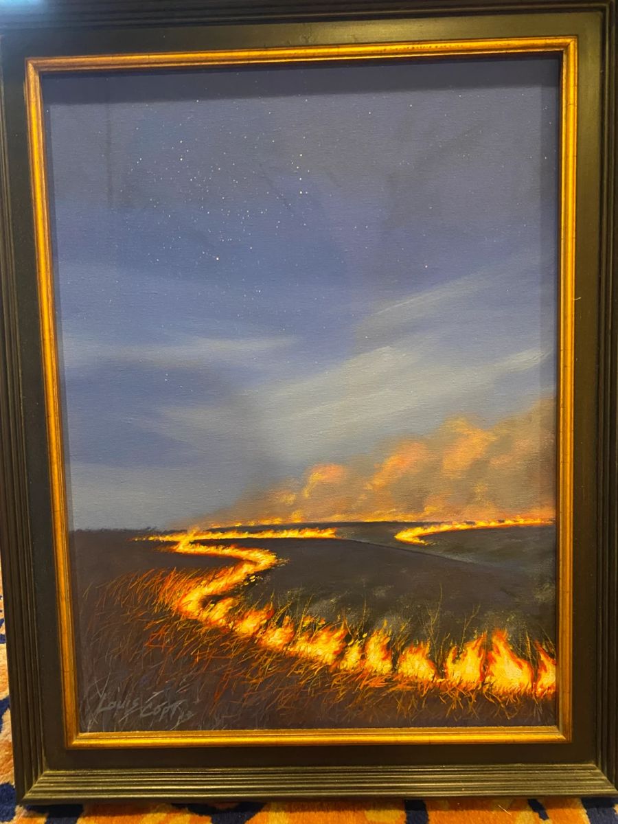 Beautiful original oil painting by Louis Copt of Western Kansas prairie burning