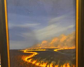 Beautiful original oil painting by Louis Copt of Western Kansas prairie burning