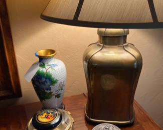 Nice brass lamp with cloisonne vase, lidded jewelry box and powder box.  Small Russian enamel trinket box also.