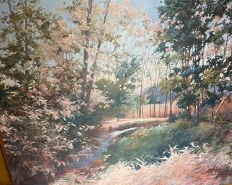Large original oil by Donna Aldridge (1942-2021).  She was affiliated with the Nelson Gallery , where she taught, and  she had her own studio in Overland Park, Kansas. This piece is signed on the reverse.  It is titled "Clearing in the Woods".  Unframed.